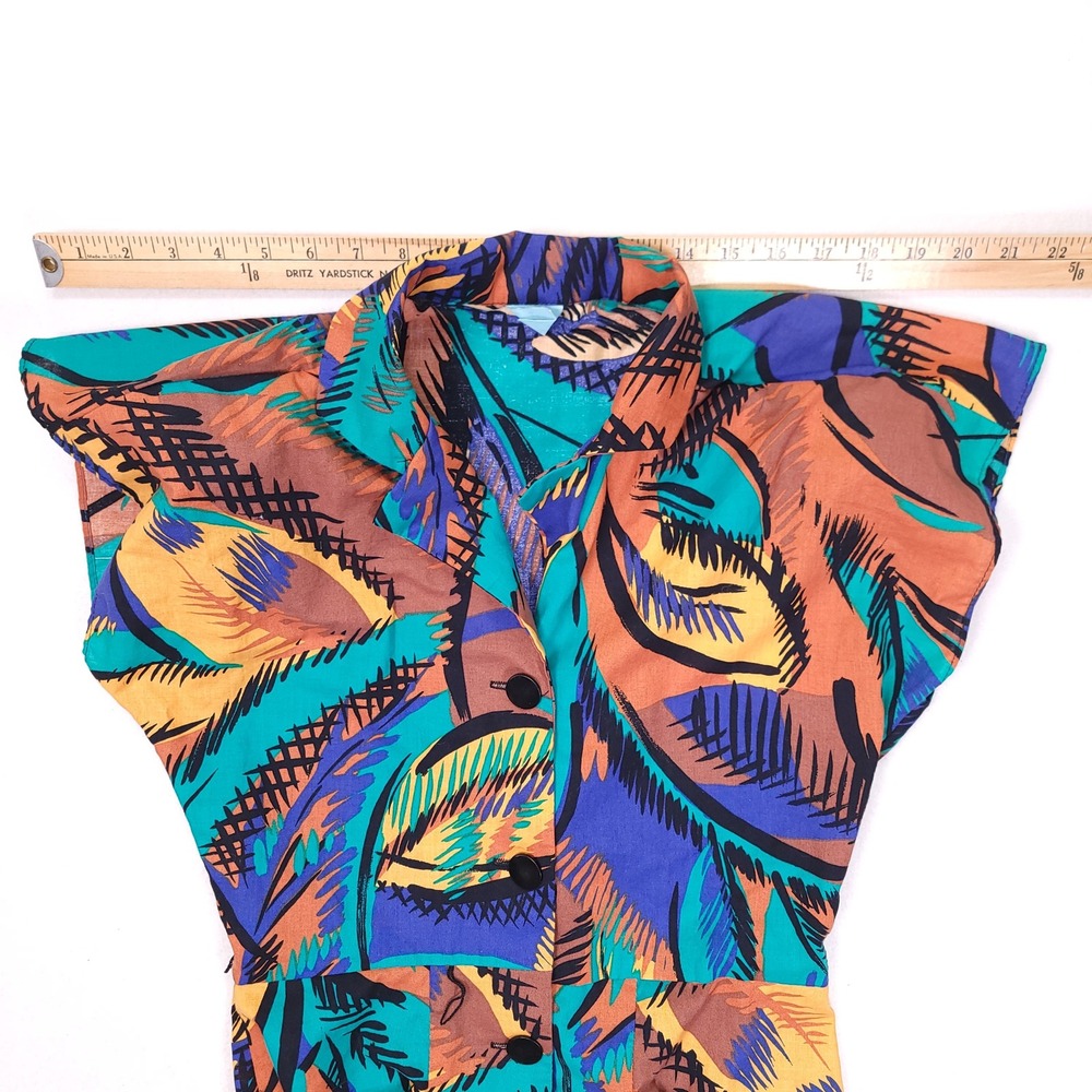 Vintage 80s Abstract Tropical Midi Dress Sleeveless Padded Shoulder Multicolor - Picture 7 of 10